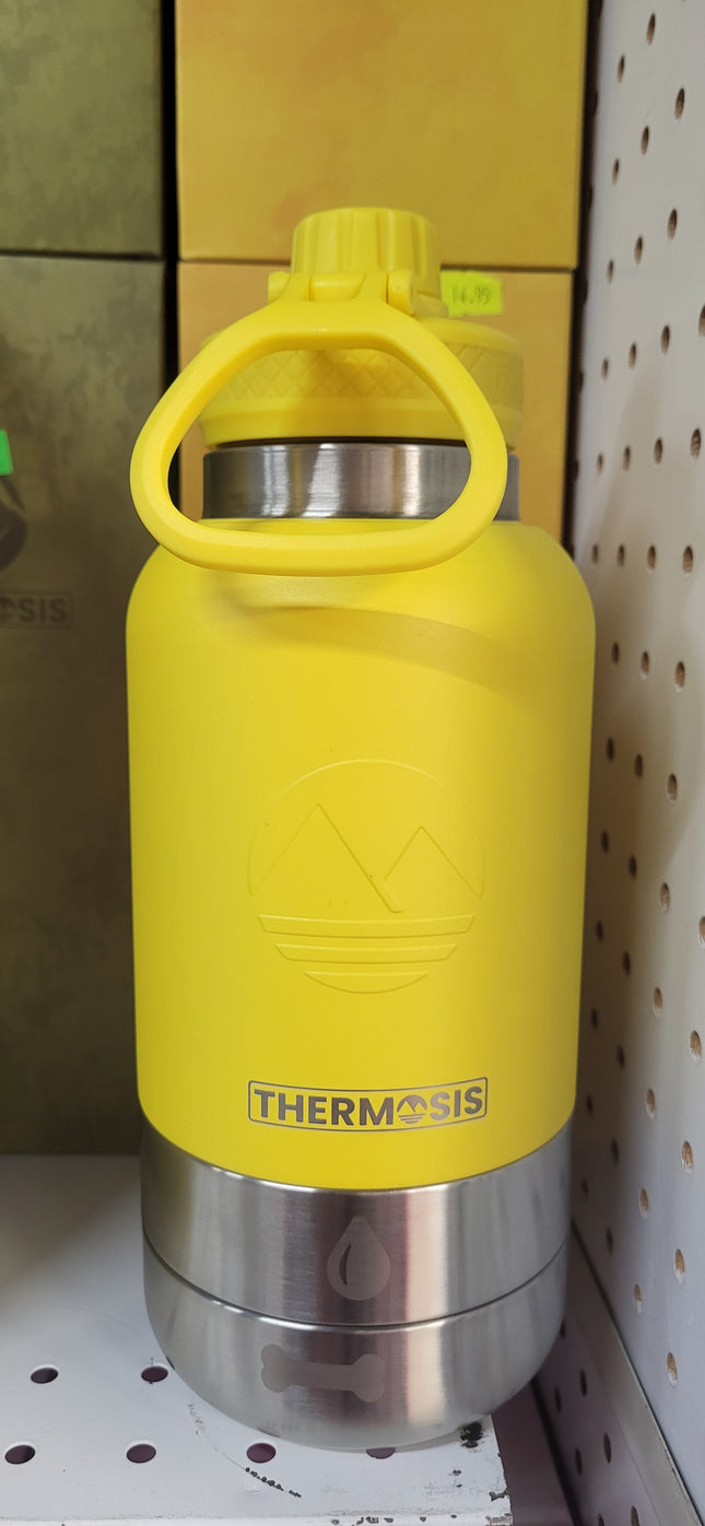 FAHRMOSIS 32oz Insulated Stainless Steel Pet Travel Water Bottle with Built-in Bowl, YELLOW