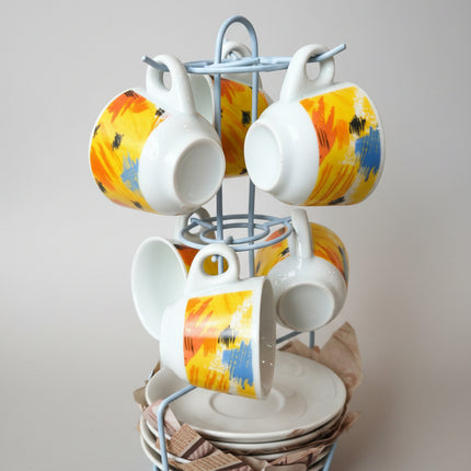 Coffee Cups and Plate Set with Metal Organizer Rack - 6 Cups & 6 Plates
