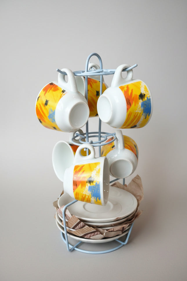 Coffee Cups and Plate Set with Metal Organizer Rack - 6 Cups & 6 Plates