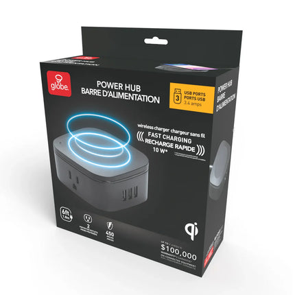 Globe 6 ft. 2-Outlet Black 3-USB Wireless Charging Surge Protector Desktop Power Hub